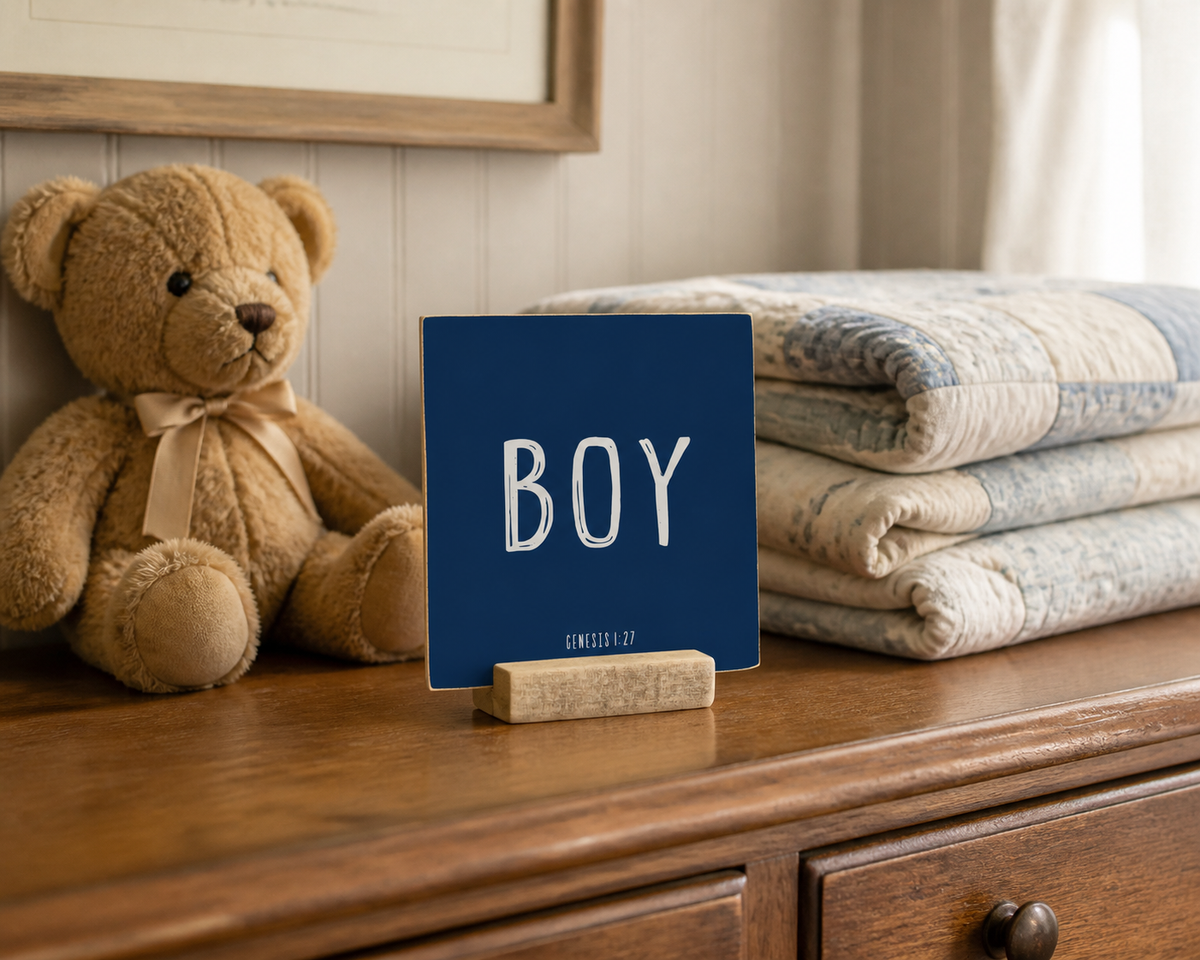 Close-up of “Boy,” a 4 x 4-inch shelf sitter in the white text on blue finish on a guest nursery dresser.