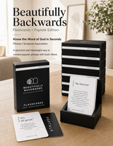 Poptalk Beautifully Backwards flashcard boxes and open deck with No Worries and It's all good Scripture cards on a wood table.