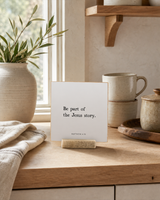 Be Part of the Jesus Story 4x4 Christian shelf sitter with natural wood base, styled in a modern farmhouse kitchen nook scene.