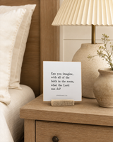 Can You Imagine What the Lord Can Do 4x4 Christian shelf sitter with natural wood base, styled in a coastal bedside table scene.