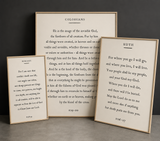 Three framed biblical text prints on a dark background