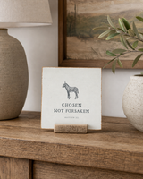 Chosen Not Forsaken donkey Scripture shelf sitter with Matthew 21:2, styled in the modern farmhouse entry console scene.