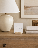 Complaining Ruins Everything 4x4 Christian shelf sitter with natural wood base, styled in a guest room dresser scene.