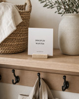 Disciples Wanted 4x4 Christian shelf sitter with natural wood base, styled in a modern farmhouse mudroom shelf scene.