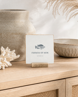 Fishers of Men fish Scripture shelf sitter with Matthew 4:19, styled in the coastal white oak sideboard scene.