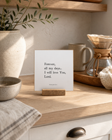 Forever All My Days 4x4 Christian shelf sitter with natural wood base, styled in a modern farmhouse kitchen nook scene.