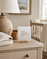 Forever All My Days 4x4 Christian shelf sitter with natural wood base, styled in a neutral nursery dresser scene.