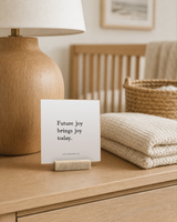 Future Joy Brings Joy Today 4x4 Christian shelf sitter with natural wood base, styled in a neutral nursery dresser scene.