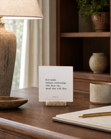 God Builds Intimate Relationships 4x4 Christian shelf sitter with natural wood base, styled in a library writing desk scene.