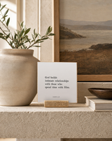 God Builds Intimate Relationships 4x4 Christian shelf sitter with natural wood base, styled in a limestone living room mantel scene.