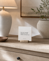 Good and Reasonable Things 4x4 Christian shelf sitter with natural wood base, styled in a apartment sideboard scene.