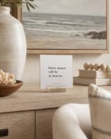 Great Sinners Will Be in Heaven 4x4 Christian shelf sitter with natural wood base, styled in a coastal living room console scene.