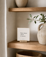 Great Sinners Will Be in Heaven 4x4 Christian shelf sitter with natural wood base, styled in a organic modern built-in shelf scene.