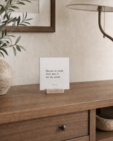 Heaven on Earth 4x4 Christian shelf sitter with natural wood base, styled in a quiet home office credenza scene.