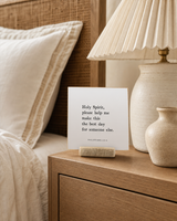 Holy Spirit, Please Help Me 4x4 Christian shelf sitter with natural wood base, styled in a coastal bedside table scene.