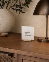 I Can Do All Seasons of Life With Christ 4x4 Christian shelf sitter with natural wood base, styled in a quiet home office credenza scene.
