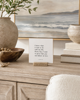 I Know What I Want to Do With My Life 4x4 Christian shelf sitter with natural wood base, styled in a coastal living room console scene.