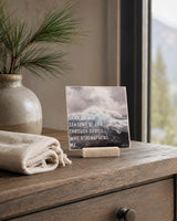 I Can Do All Seasons of Life Through Christ 4x4 Christian Shelf Sitter on a dresser with a stoneware vase and folded textiles.