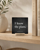 I Know the Plans 4x4 Christian Shelf Sitter on a light shelf between a stone vase and tall neutral books.