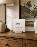 If Humans Don't Get What They Want 4x4 Christian shelf sitter with natural wood base, styled in a dining room buffet scene.