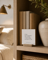 If Jesus Has Not Resurrected 4x4 Christian shelf sitter with natural wood base, styled in a bedroom bookcase scene.