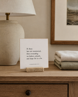 If Jesus Has Not Resurrected 4x4 Christian shelf sitter with natural wood base, styled in a guest room dresser scene.
