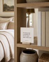 If Someone Had to Describe You in One Word 4x4 Christian shelf sitter with natural wood base, styled in a bedroom bookcase scene.