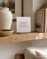 If Someone Had to Describe You in One Word 4x4 Christian shelf sitter with natural wood base, styled in a family room floating shelf scene.