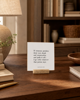 If Someone Predicts Their Own Death and Resurrection 4x4 Christian shelf sitter with natural wood base, styled in a library writing desk scene.