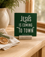 Dark Green 4x4 Jesus Is Coming to Town Christmas Shelf Sitter in a christmas breakfast nook with its rustic wood slot stand.