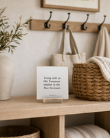 Living With an Old Testament Mindset 4x4 Christian shelf sitter with natural wood base, styled in a modern farmhouse mudroom shelf scene.