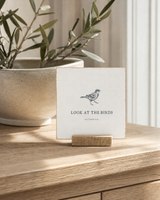 Look at the Birds bird Scripture shelf sitter with Matthew 6:26, styled in the sunlit breakfast nook console scene.
