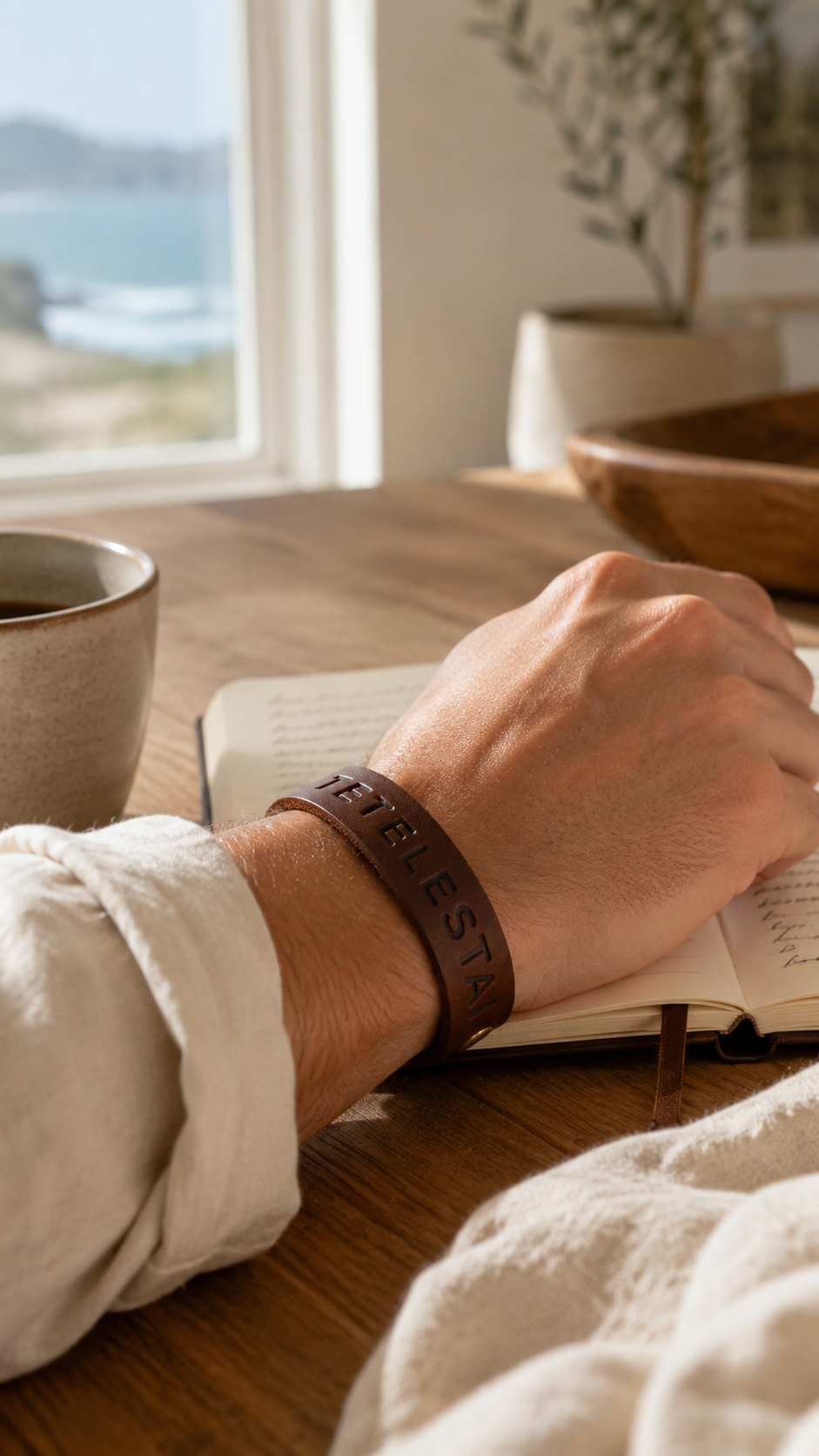 A close-up lifestyle shot of a person's hand resting on an open book at a wooden table, wearing a dark brown leather wristband with the word 'TETELESTAI' engraved. A coffee cup is visible on the left, and a window in the background shows a scenic ocean view.