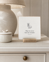 May We Never Lose Our Wonder bunny Scripture shelf sitter with Psalm 40:5, styled in the soft neutral nursery dresser scene.