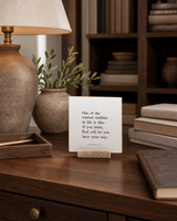 One of the Scariest Realities in Life 4x4 Christian shelf sitter with natural wood base, styled in a library writing desk scene.