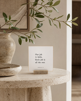 Our Job Is Faith 4x4 Christian shelf sitter with natural wood base, styled in a foyer pedestal table scene.