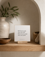 Self-Focused People 4x4 Christian shelf sitter with natural wood base, styled in a arched alcove shelf scene.