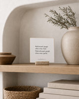Self-Focused People 4x4 Christian shelf sitter with natural wood base, styled in a organic modern built-in shelf scene.