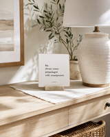 Sin Always Comes With Consequences 4x4 Christian shelf sitter with natural wood base, styled in a sunlit white oak entry console scene.