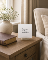 Thank You for Your Resurrection 4x4 Christian shelf sitter with natural wood base, styled in a prayer corner side table scene.