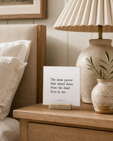 The Same Power Lives in Me 4x4 Christian shelf sitter with natural wood base, styled in a coastal bedside table scene.