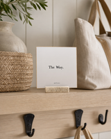 The Way 4x4 Christian shelf sitter with natural wood base, styled in a modern farmhouse mudroom shelf scene.