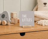 “The Littles” 4 x 4-inch shelf sitter in the white lettering on gray finish, displayed in a toy chest display.