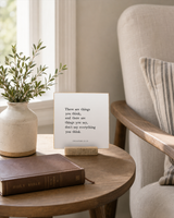 There Are Things You Think and Things You Say 4x4 Christian shelf sitter with natural wood base, styled in a prayer corner side table scene.