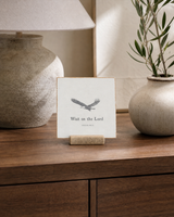 Wait on the Lord eagle Scripture shelf sitter with Isaiah 40:31, styled in the quiet home office credenza scene.