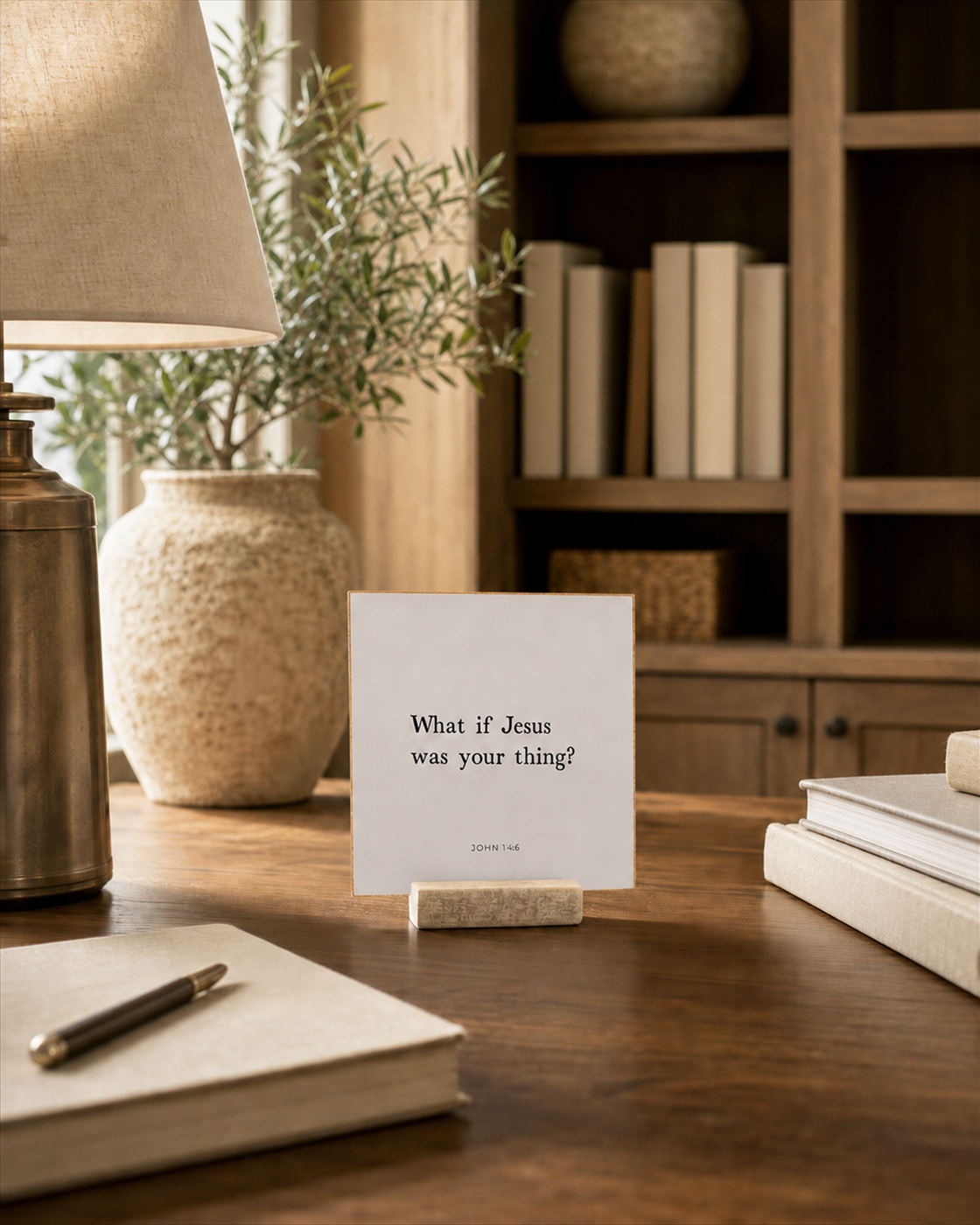 What If Jesus Was Your Thing 4x4 Christian shelf sitter with natural wood base, styled in a library writing desk scene.