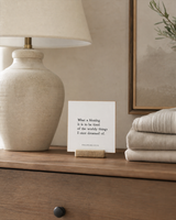 What a Blessing It Is to Be Tired of Worldly Things 4x4 Christian shelf sitter with natural wood base, styled in a guest room dresser scene.