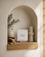Why Am I a Christian 4x4 Christian shelf sitter with natural wood base, styled in a arched alcove shelf scene.